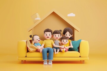 A stylized image with a cartoon family sitting closely on a sofa inside an abstract house, conveying a feeling of home and togetherness