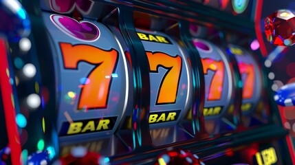 Exciting 3D illustration of a casino slot machine showing 777 ribbons, perfect for themes of jackpot success and gambling thrills. Great for advertising and promotional use