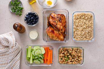 Healthy meal prep containers on kitchen counter