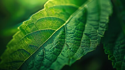Close-up of a vibrant green leaf, showcasing its intricate details and natural beauty. Perfect for nature and botanical themes