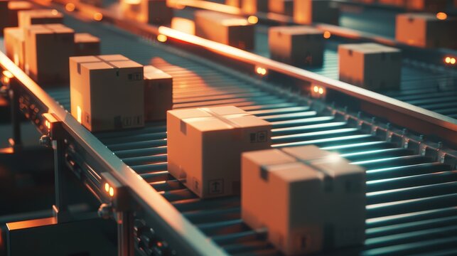 Close-up of shipping boxes on a conveyor belt in a warehouse, set in twilight with a sci-fi tone. Perfect for themes of modern logistics and futuristic warehousing