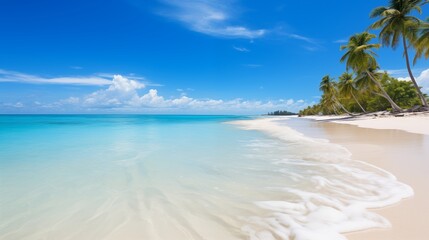 Stunning Tropical Beach with Clear Waters, Palm Trees, and a Tranquil Shoreline