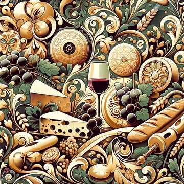 An abstract pattern inspired by French cuisine, with a rich palette of burgundy, cream, olive green and gold, captures culinary delights and elegance of French food culture