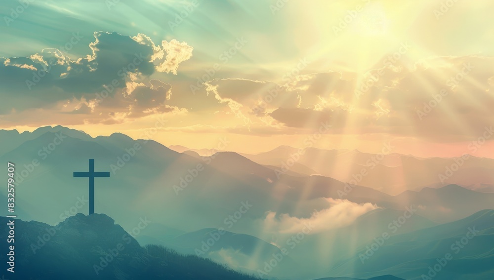 Wall mural a cross silhouette against the backdrop of mountains, with rays shining through clouds in an easter 