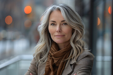 Obraz premium Elegant Mature Caucasian Woman with Gray Hair and Brown Scarf Standing Confidently on a City Street
