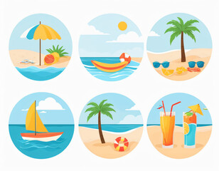 summer beach icons on white background
