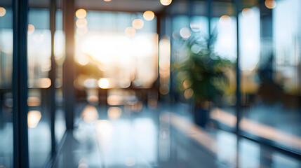 Beautiful blurred background of a light modern office interior with panoramic windows and beautiful lighting.