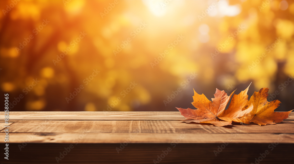 Sticker empty wooden board top with a blurred background for autumn leaves