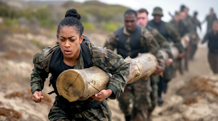  An African American woman participating in a strenuous military log carrying exercise.