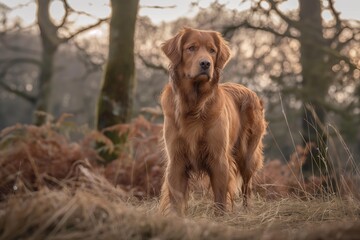 Obraz premium A photo of a beautiful brown dog standing in a meadow, facing the camera, bathed in dappled sunlight. The serene setting highlights the dog's calm and content expression.