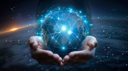 A person is holding a globe with a network of lines connecting it
