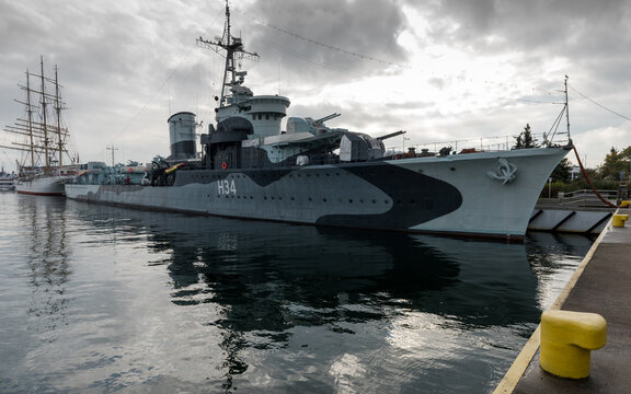 Museum ship ORP Błyskawica is a destroyer which served in the Polish Navy during World War II. Gdynia, Poland - October 23 2017.