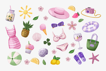 Set of summer elements on a white background. Beach accessories and clothing, summer fruits and berries, ice cream, seasonal cocktails and lemonade. Hand drawn vector illustration