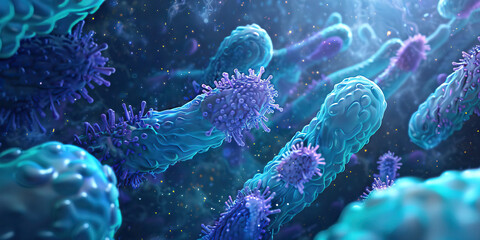 Azure Bacterial Cell Wall Composition: Close-up view of azure-colored bacterial cell walls and their structural components, influencing virulence and antibiotic susceptibility