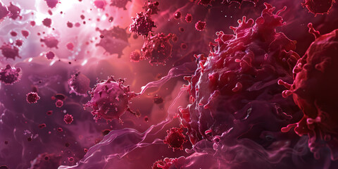 The Intricate Unseen Journey: A close-up of a blood cell, revealing its complex inner structure and intruding foreign particles under a microscope