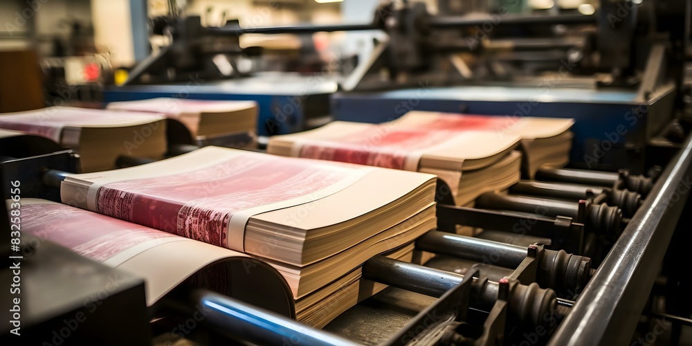 Poster printing press in action in industrial setting processing paper sheets up close. concept printing pr