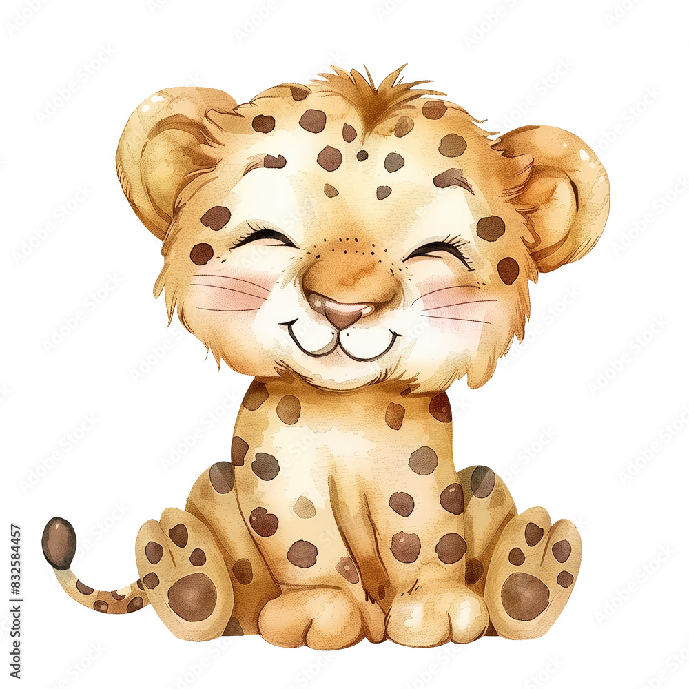 Wall mural cute watercolor illustration of a smiling leopard cub. drawing of little african animal for children