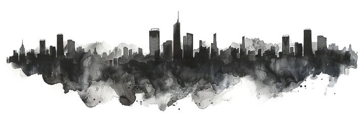 City skyline monochrome watercolor illustration. Drawing of striking cityscape with black and grey tones. Modern skyscrapers and buildings. Silhouette on isolated background. Artistic painting.