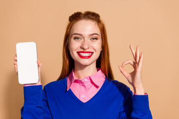 Photo of charming attractive lady dressed blue pullover showing okey typing modern device empty...
