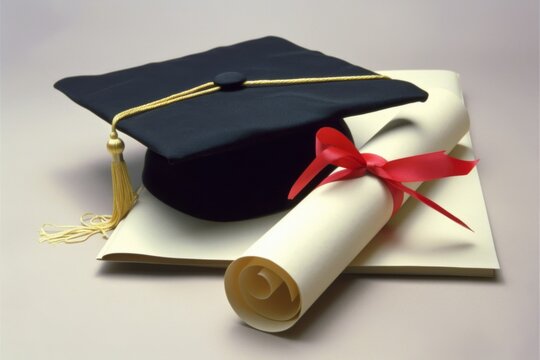 University graduation hat diploma on simple background study year academic success student achievement celebration college cap academy bachelor master degree phd award study studying