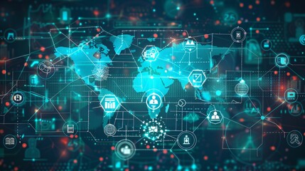 Obraz premium Global Health Network: Capture a public health background featuring a digital network of interconnected medical icons and world maps, representing global health initiatives.