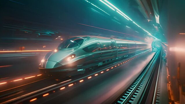 A futuristic double exposure artwork featuring a sleek bullet train traversing a hyperloop tunnel, its speed blurring the lines between reality and imagination.