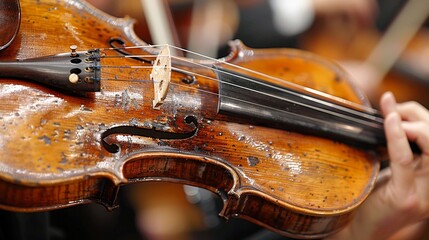 Close-up of a musician playing an old, worn violin, showcasing its intricate details and craftsmanship during a live orchestral performance.
