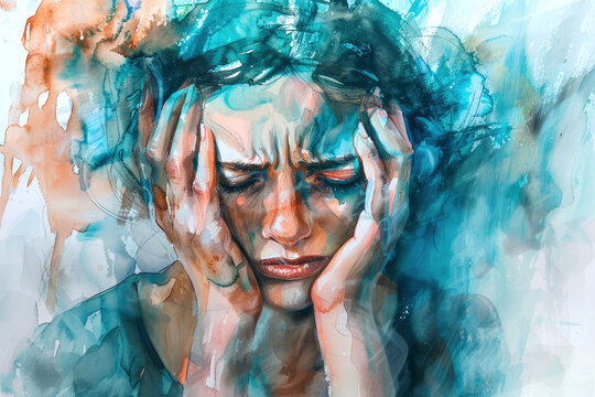 portrait of woman with headache, in style of an aquarelle