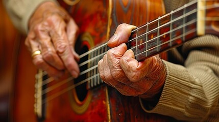Fototapeta premium Close-up of elderly hands playing acoustic guitar, capturing the essence of music, tradition, and craftsmanship with rich wooden textures.