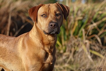 A photo of a beautiful brown dog standing in a meadow, facing the camera, bathed in dappled sunlight. The serene setting highlights the dog's calm and content expression.
