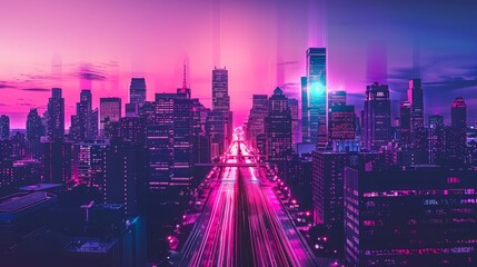 Fototapeta premium Futuristic cityscape with neon lights, holographic buildings, and modern vehicles, banner