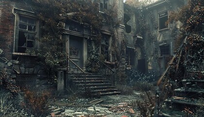 Abandoned, overgrown building with decayed walls, broken windows, and creeping vegetation creating an eerie post-apocalyptic atmosphere