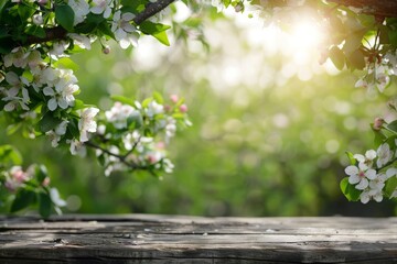 Spring beautiful background with green lush young foliage and flowering branches with an empty wooden table in nature outdoors in sunlight in a garden, blurred background, product display