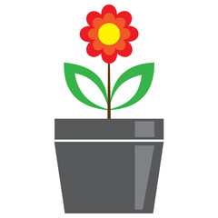A red-colored flower with a yellow middle and green leaves in a grey pot