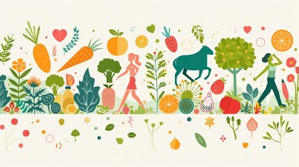 Fototapeta premium Healthy Lifestyle Promotion: Illustrate a background image promoting healthy lifestyles, featuring elements like fruits, vegetables, exercise icons.