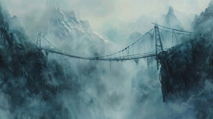 Watercolor painting of a suspension bridge in a misty mountain landscape