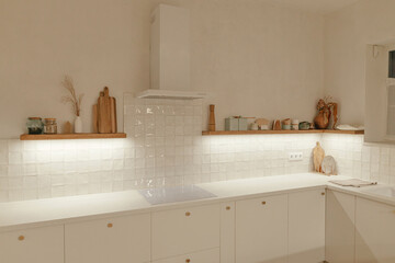 Modern minimal kitchen design. Stylish white kitchen cabinets with brass knobs, wooden shelves with evening light and appliances in new scandinavian house. Modern kitchen interior