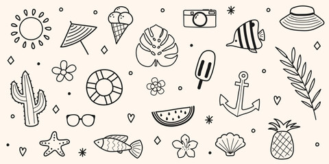 Set with hand drawn summer elements. Design with icons. Vector illustration