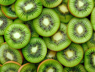 Lots of green fresh kiwi fruit slices. Background. Tropical sweet fruits, a natural product. Background for cosmetics, juice, packaging, advertising, soap.