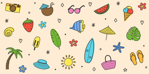 Cartoon hand drawn summer icons. Set with colourful holiday elements. Vector illustration.
