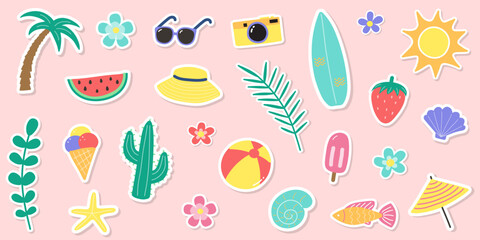 Cute hand drawn summer stickers. Creative background with cartoon vacation icons. Vector illustration