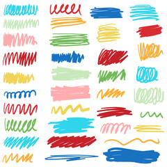 Set of colorful charcoal pencil curly lines, squiggles and shapes. Grunge pen scribbles collection. Bright color charcoal or chalk drawing