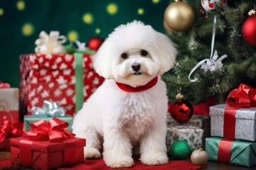 Bichon Frise dressed in a festive holiday sweater, lying on a rug next to a decorated Christmas tree with presents
