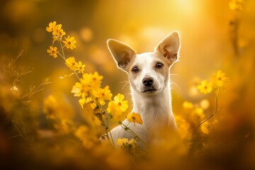 A photo of a beautiful Jack Russell terrier dog standing in a meadow, facing the camera, bathed in dappled sunlight. The serene setting highlights the dog's calm and content expression.