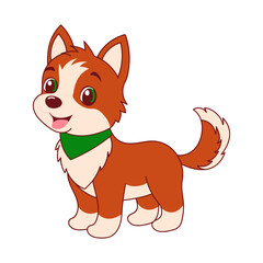Flat illustration of cute pleasant puppy  with green bandana,friendly character, white background