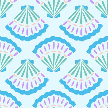 Blue seashell vector seamless pattern. Summer underwater repeat surface design with scallop shells in modern hand drawn flat style on light background. Cute nautical illustration for swimwear, decor