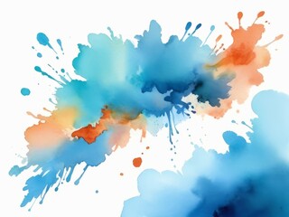 Watercolor paint splash stain in colors orange and blue , isolated on white background