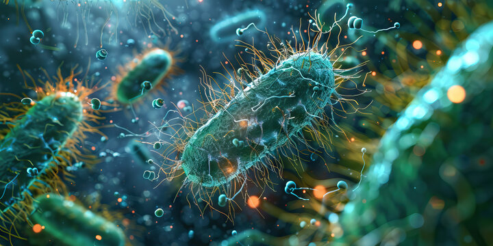 Antibiotic Mode of Action: Detailed view of antibiotics interacting with bacterial cells, illustrating mechanisms of microbial inhibition