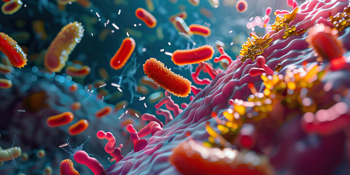 Antibiotic Mode of Action: Detailed view of antibiotics interacting with bacterial cells, illustrating mechanisms of microbial inhibition