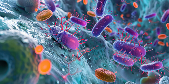 Antibiotic Mode of Action: Detailed view of antibiotics interacting with bacterial cells, illustrating mechanisms of microbial inhibition